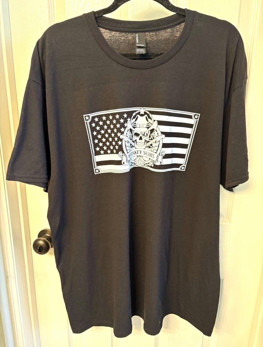 Cotton Men's Black Skull Cowboy Graphic Tee Crew Neck Whiskey Flag Guitar XL